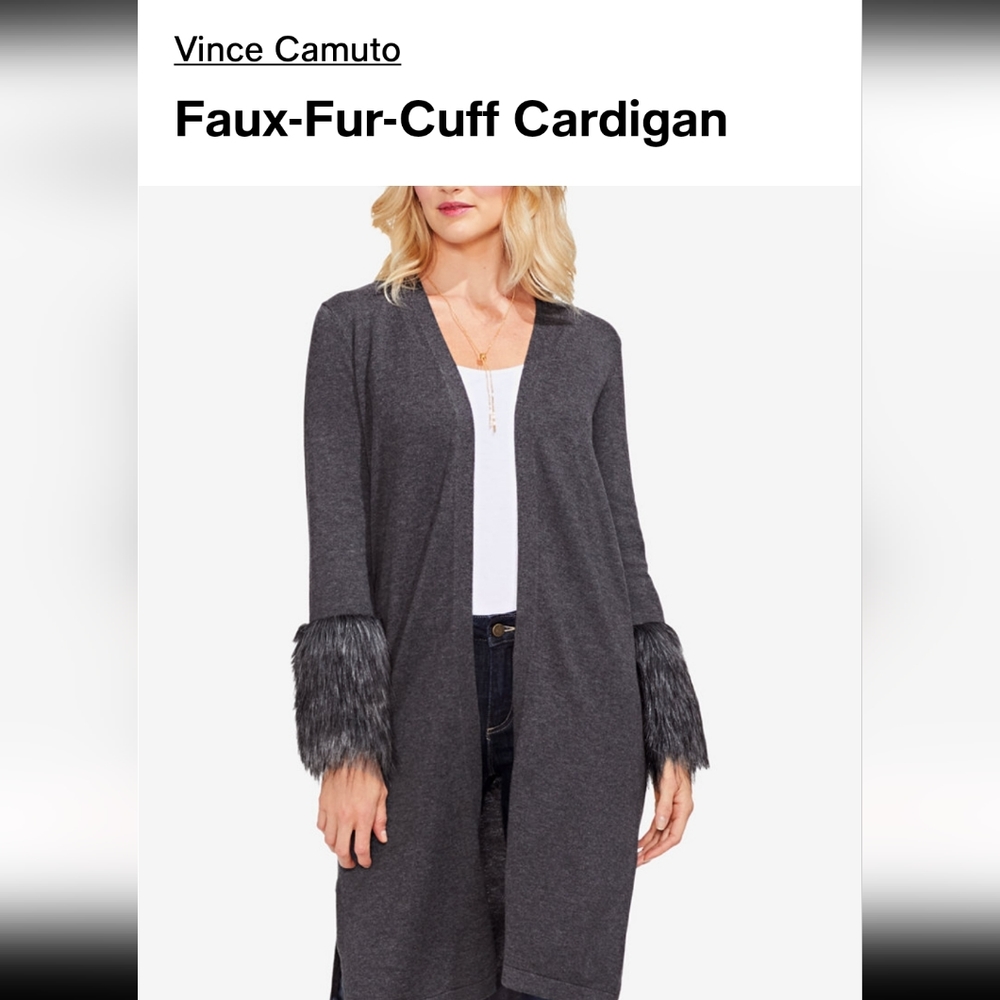 Vince Camuto Faux-Fur Cuff Sweater. Black, Large